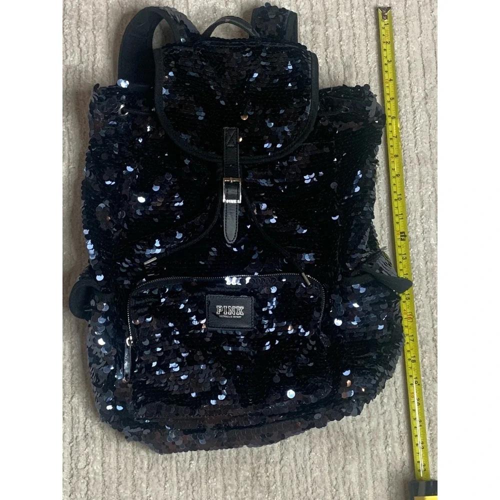 Victoria's Secret PINK Black Sequin Large Backpack Y2K Drawstring Zipper Adjusts
